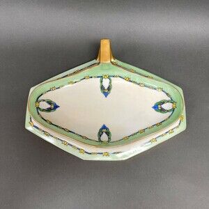 T & V Limoges France Dish Depose Green White Yellow Blue Gold Trim 10 5/8"